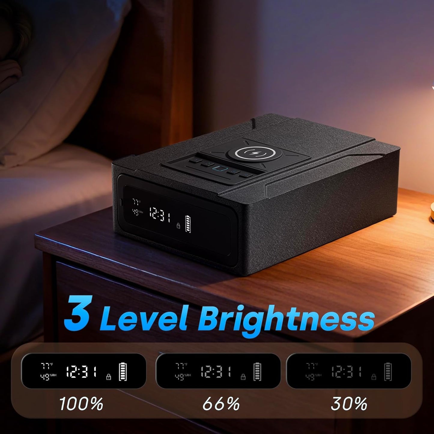 Biometric Gun Safe for Handgun with Wireless Charging,Fingerprint Handgun Safe, Bedside Pistol Case with 24/7 Digital Alarm Clock and LED Light, Valentines Day Gifts for Him, Black