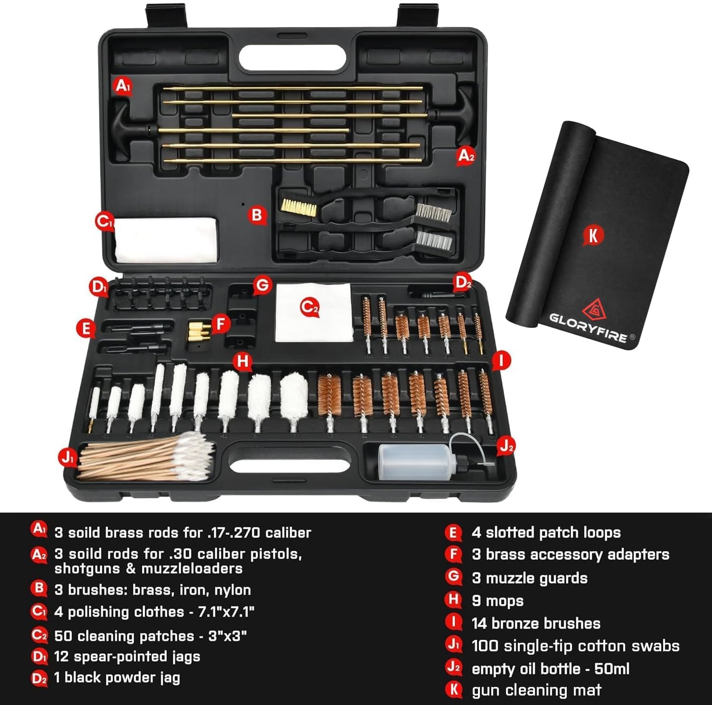 GLORYFIRE Gun Cleaning Kit Universal for Guns, Gun Brushes for Pistol, Handgun, Shotgun, Elite Brass Rods and Wire Rope, Hunting Gear Gun Accessories for Men