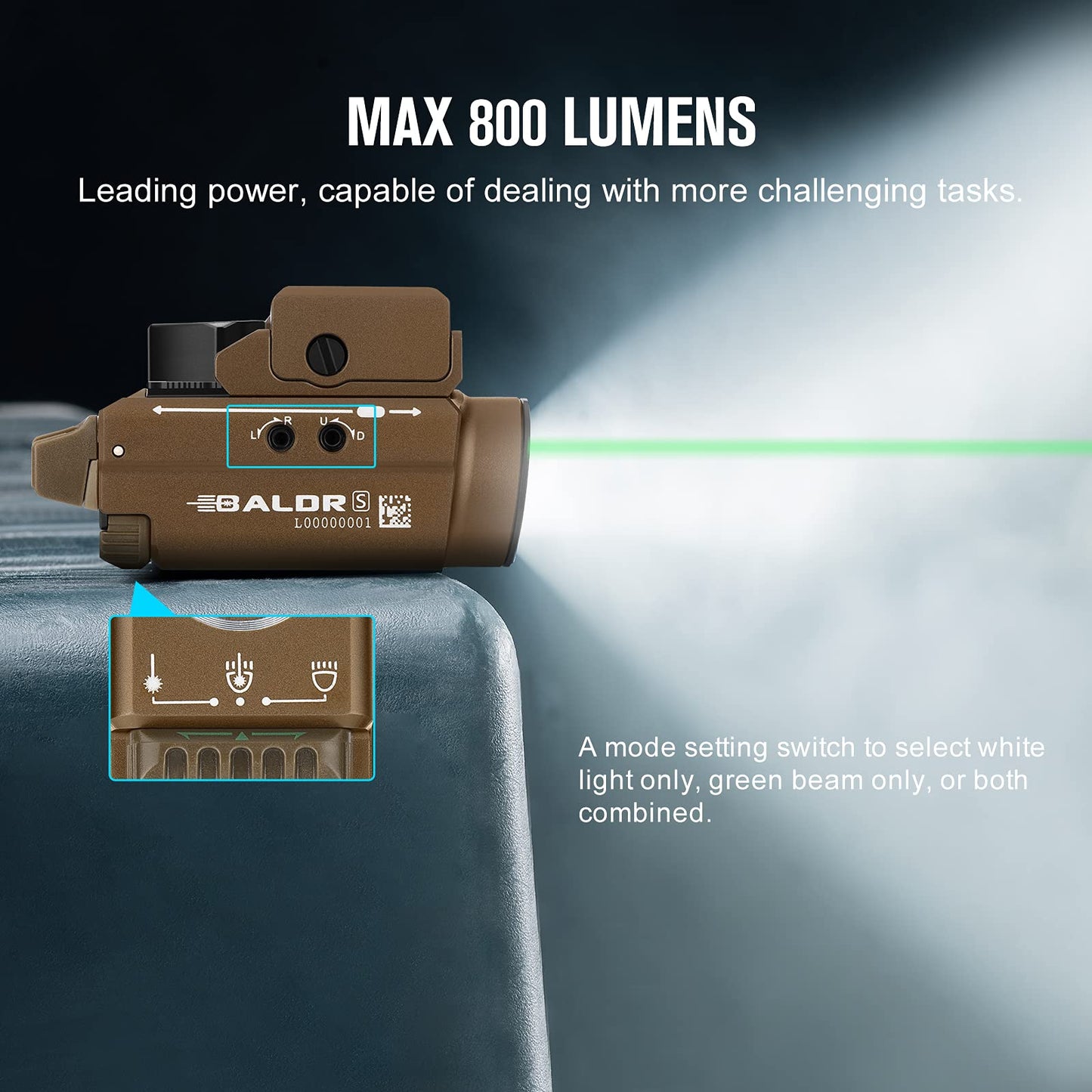 OLIGHT Baldr S 800 Lumens Compact Rail Mount Weaponlight with Green Beam and White LED Combo, Magnetic USB Rechargeable Tactical Flashlight with 1913 or GL Rail, Battery Included (Black)
