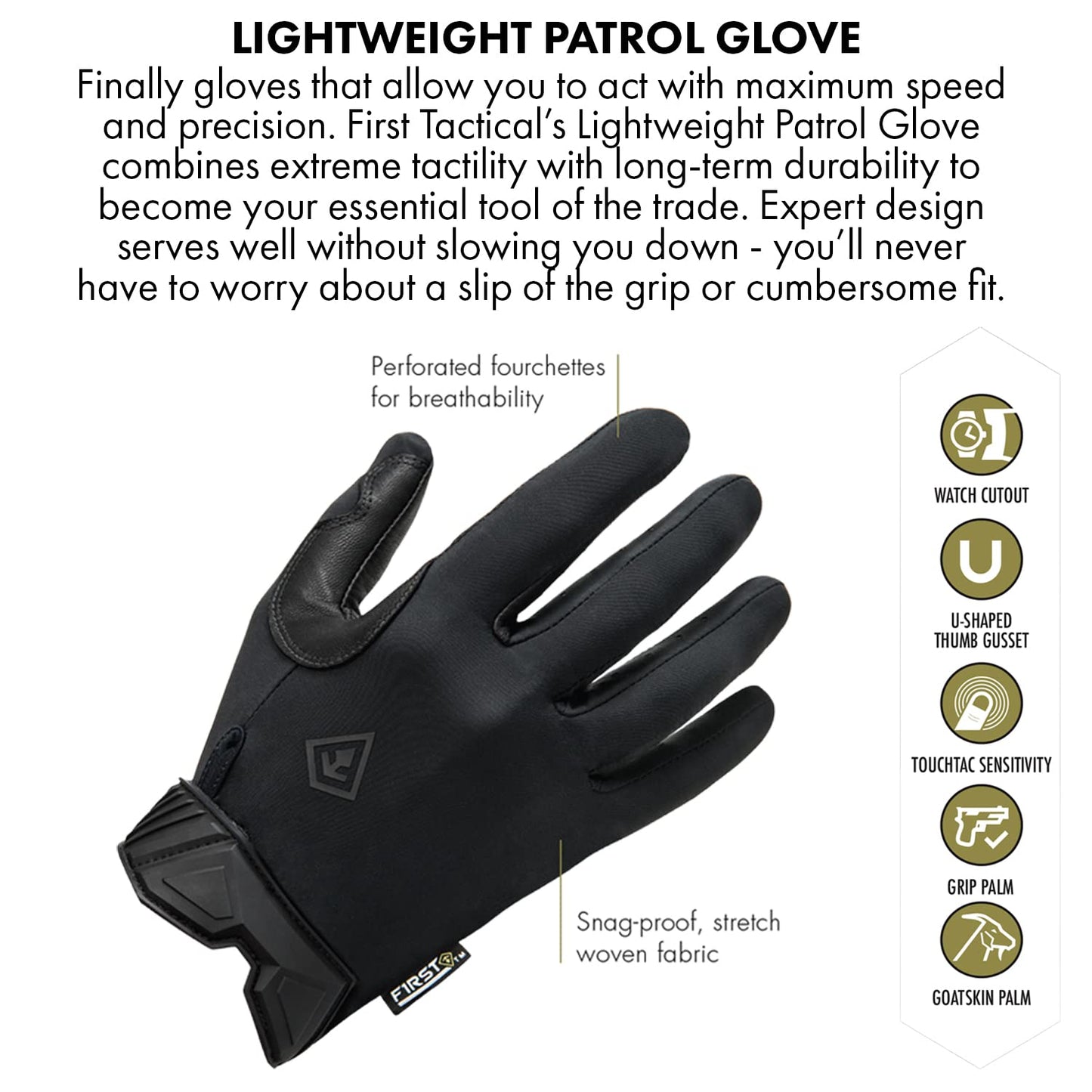 First Tactical Men’s Lightweight Patrol Glove | Skin Tight Goatskin Palm with Touchscreen Capability