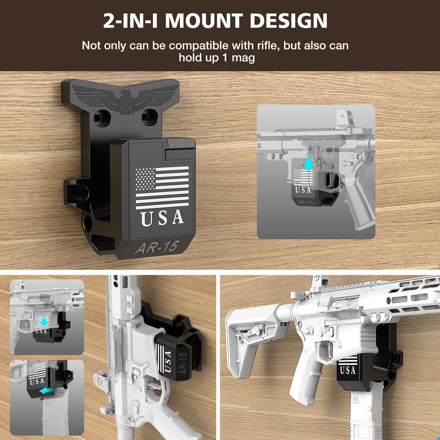 Upgraded 2 in 1 Gun Wall Mount for 223/5.56 Rifle and Magzine, AR15 Rifle Wall Rack Can Be Mounted Horizontally Or Vertically Gun Holder Withstand 350Lbs of Tension