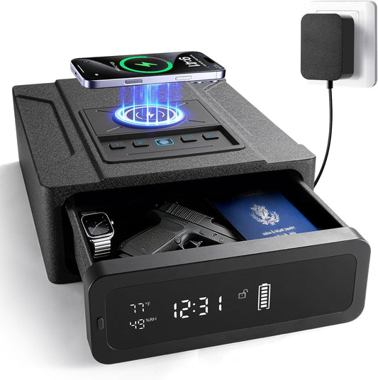 Biometric Gun Safe for Handgun with Wireless Charging,Fingerprint Handgun Safe, Bedside Pistol Case with 24/7 Digital Alarm Clock and LED Light, Valentines Day Gifts for Him, Black