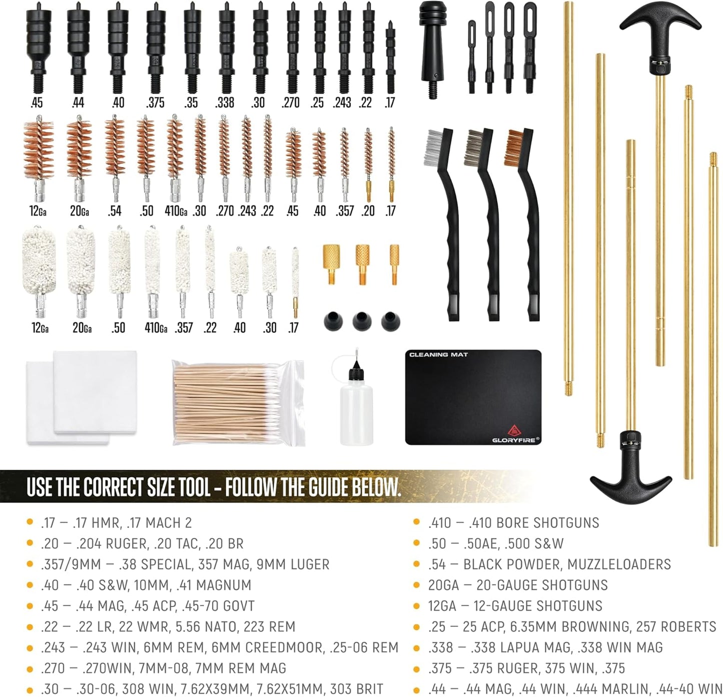 GLORYFIRE Gun Cleaning Kit Universal for Guns, Gun Brushes for Pistol, Handgun, Shotgun, Elite Brass Rods and Wire Rope, Hunting Gear Gun Accessories for Men